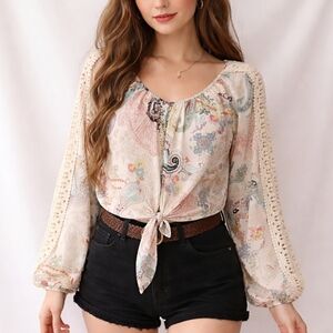 American Rag Boho Paisley Crochet Lace Sleeve Tie-Front Peasant Blouse